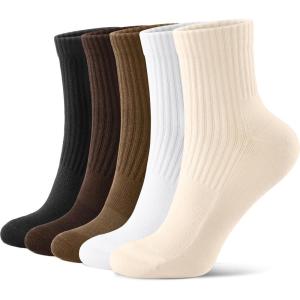 FITRELL Women’s Crew Socks Ankle Athletic Cushioned Running Casual Socks for Women and Men 5-6 Pairs(5 Pairs Beige+white+black+light Brown+dark Brown)