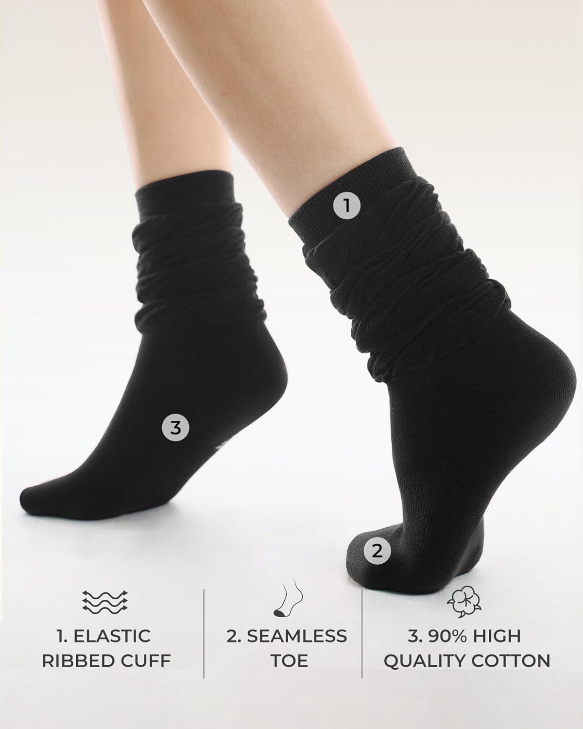 image:imageFITRELL Slouch Crew Socks for Women Presewn Slouch Look Soft Cotton Mid Calf Retro Cute Socks 3 Pairs Cant StraightenBlack