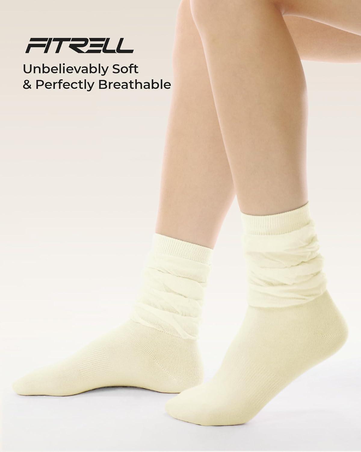 image:imageFITRELL Slouch Crew Socks for Women Presewn Slouch Look Soft Cotton Mid Calf Retro Cute Socks 3 Pairs Cant StraightenBlackbeigeolive Green