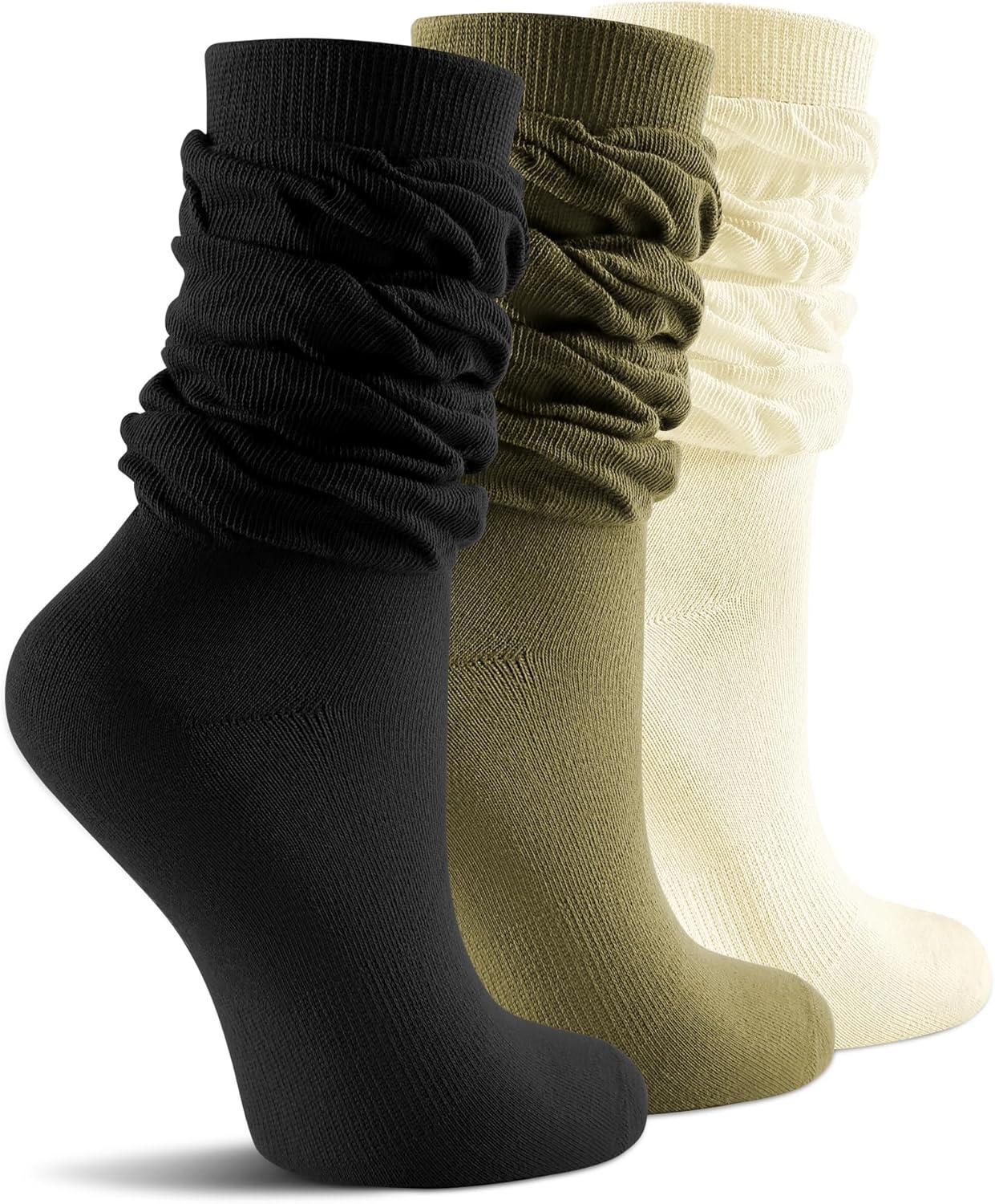 image:imageFITRELL Slouch Crew Socks for Women Presewn Slouch Look Soft Cotton Mid Calf Retro Cute Socks 3 Pairs Cant StraightenBlackbeigeolive Green