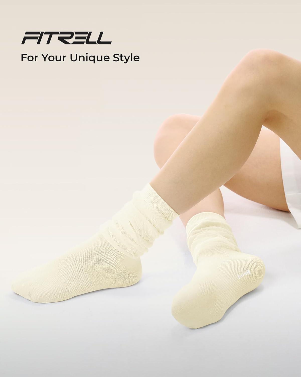 image:imageFITRELL Slouch Crew Socks for Women Presewn Slouch Look Soft Cotton Mid Calf Retro Cute Socks 3 Pairs Cant StraightenBlackbeigeolive Green