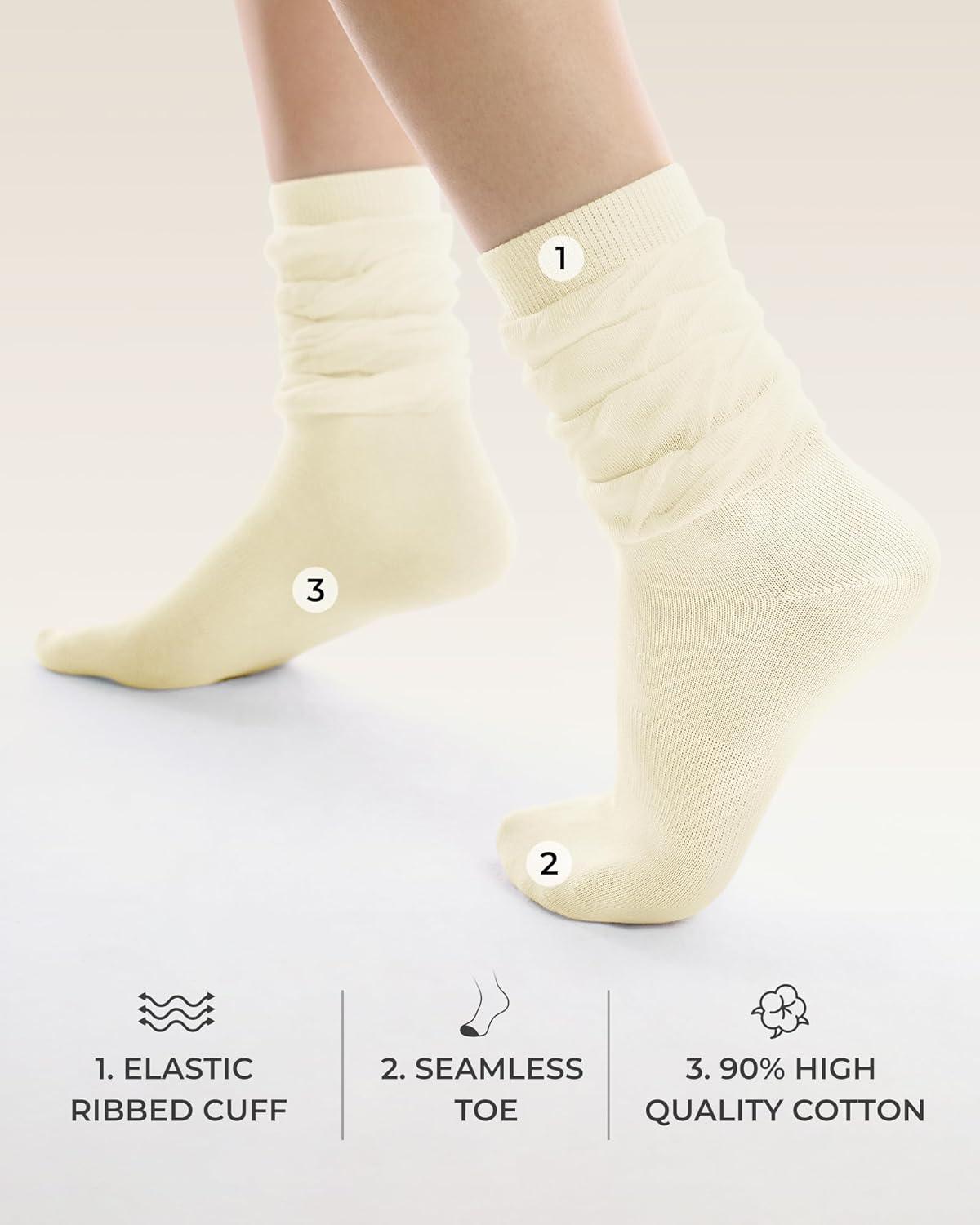 image:imageFITRELL Slouch Crew Socks for Women Presewn Slouch Look Soft Cotton Mid Calf Retro Cute Socks 3 Pairs Cant StraightenBlackbeigeolive Green