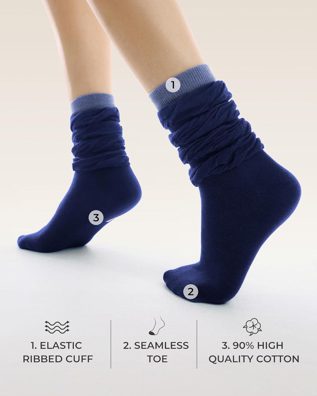 image:imageFITRELL Slouch Crew Socks for Women Presewn Slouch Look Soft Cotton Mid Calf Retro Cute Socks 3 Pairs Cant StraightenGrey Whiteblack Greynavy Blue