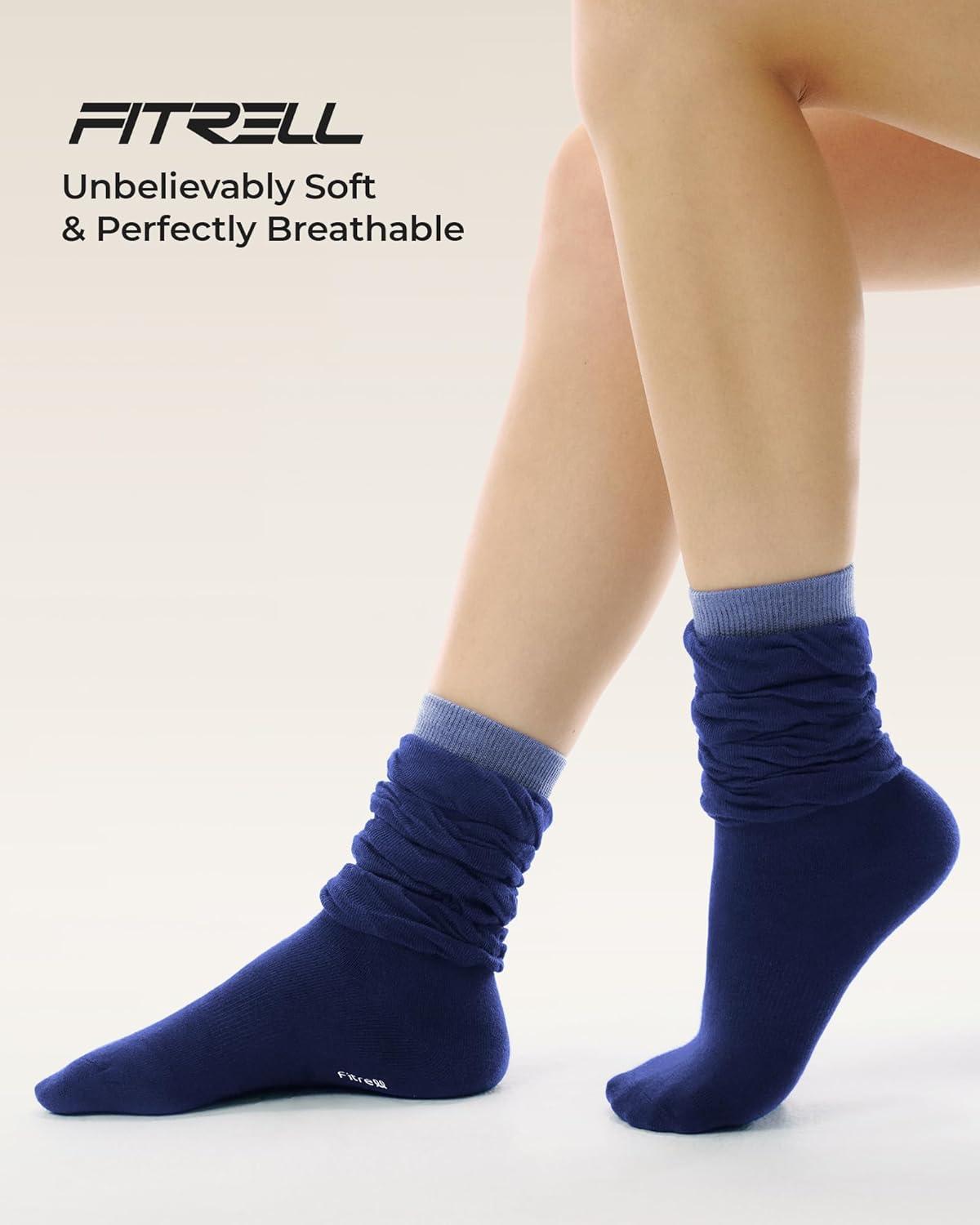 image:imageFITRELL Slouch Crew Socks for Women Presewn Slouch Look Soft Cotton Mid Calf Retro Cute Socks 3 Pairs Cant StraightenGrey Whiteblack Greynavy Blue