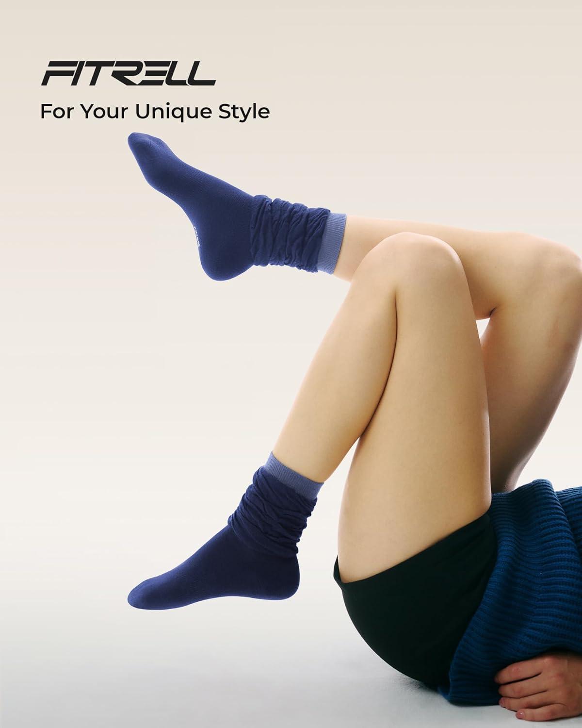 image:imageFITRELL Slouch Crew Socks for Women Presewn Slouch Look Soft Cotton Mid Calf Retro Cute Socks 3 Pairs Cant StraightenGrey Whiteblack Greynavy Blue