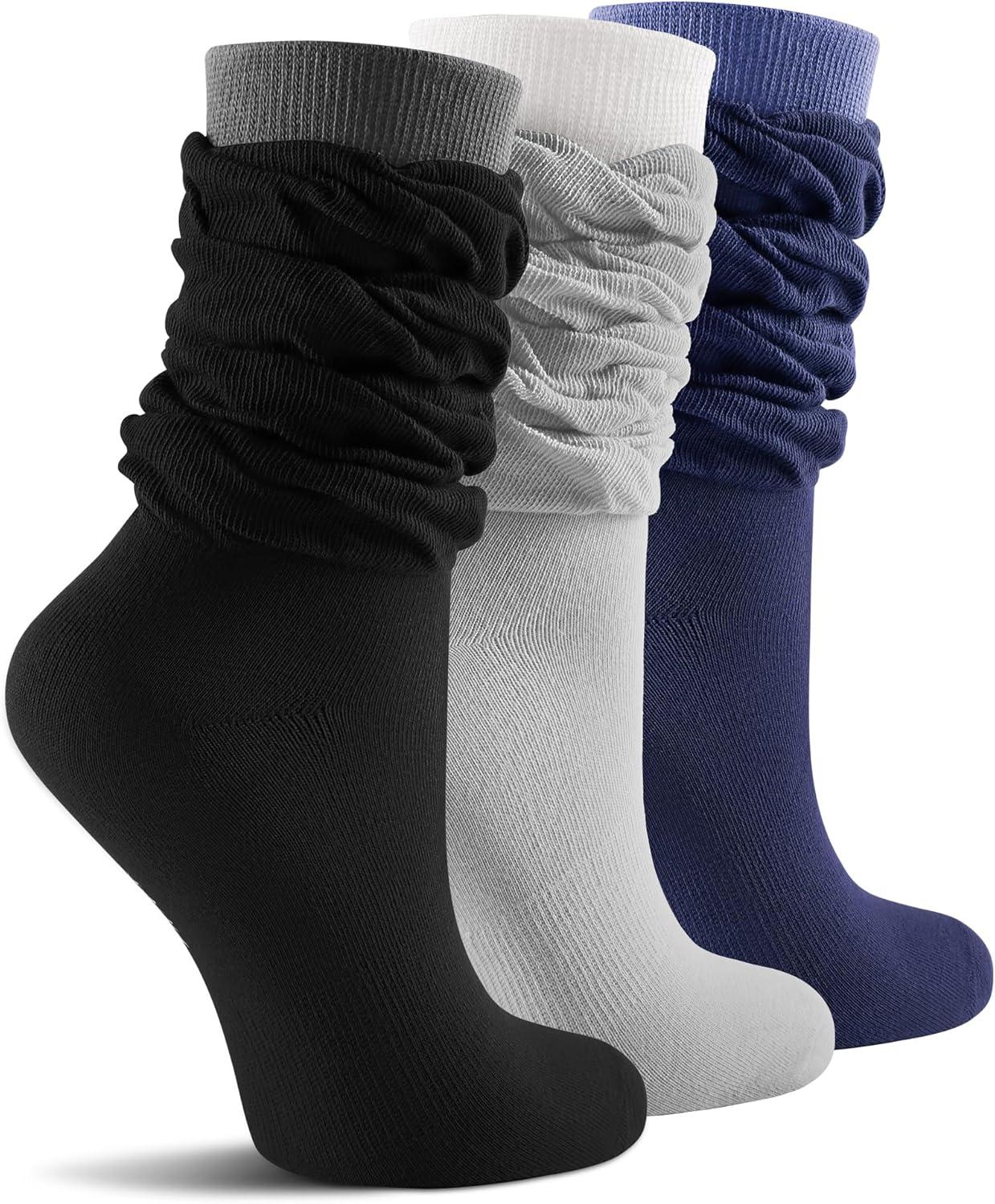 image:imageFITRELL Slouch Crew Socks for Women Presewn Slouch Look Soft Cotton Mid Calf Retro Cute Socks 3 Pairs Cant StraightenGrey Whiteblack Greynavy Blue