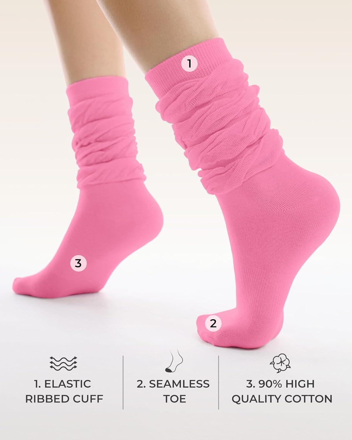 image:imageFITRELL Slouch Crew Socks for Women Presewn Slouch Look Soft Cotton Mid Calf Retro Cute Socks 3 Pairs Cant StraightenHot Pinkpurplelight Green