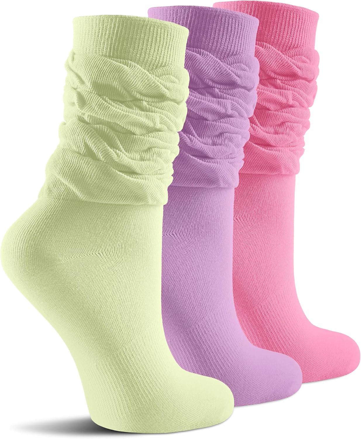 image:imageFITRELL Slouch Crew Socks for Women Presewn Slouch Look Soft Cotton Mid Calf Retro Cute Socks 3 Pairs Cant StraightenHot Pinkpurplelight Green