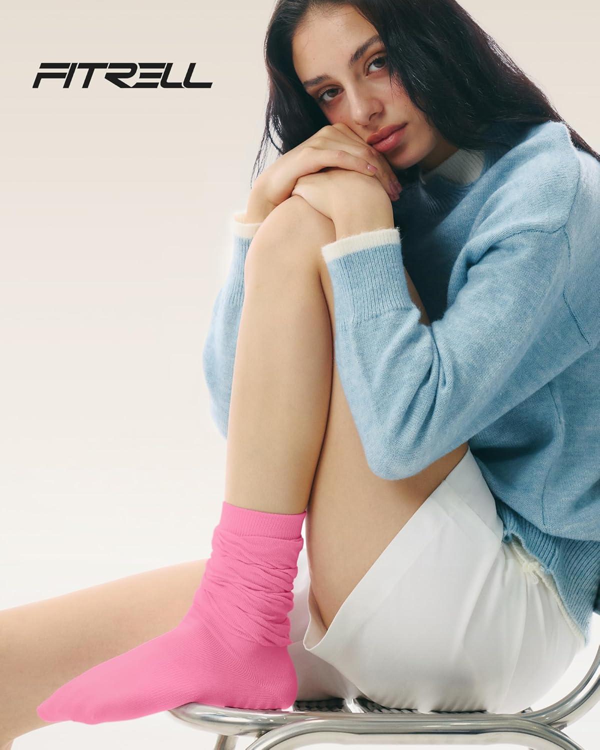 image:imageFITRELL Slouch Crew Socks for Women Presewn Slouch Look Soft Cotton Mid Calf Retro Cute Socks 3 Pairs Cant StraightenHot Pinkpurplelight Green