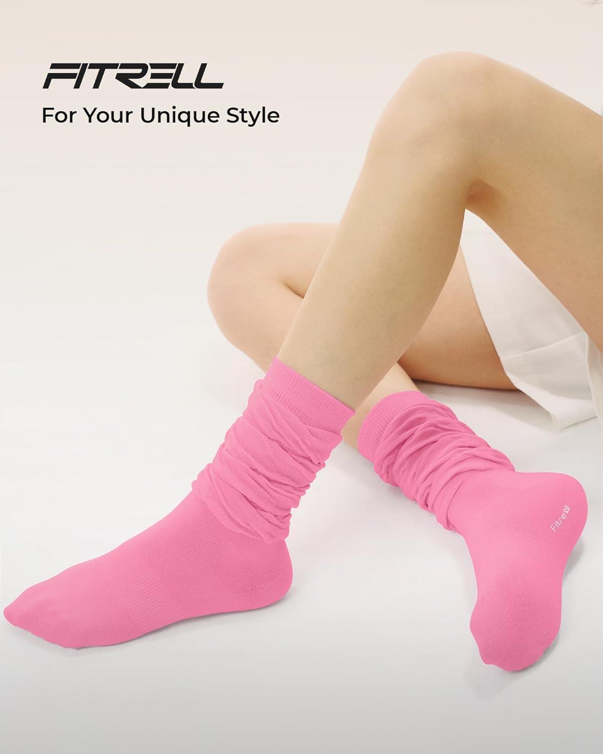 image:imageFITRELL Slouch Crew Socks for Women Presewn Slouch Look Soft Cotton Mid Calf Retro Cute Socks 3 Pairs Cant StraightenHot Pinkpurplelight Green