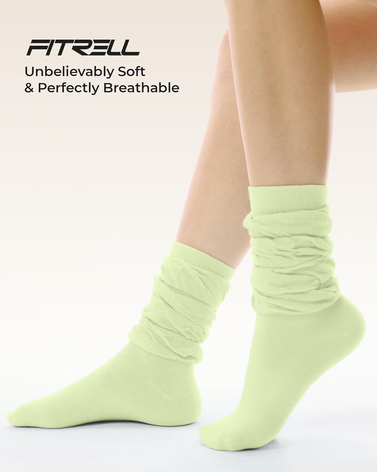 image:imageFITRELL Slouch Crew Socks for Women Presewn Slouch Look Soft Cotton Mid Calf Retro Cute Socks 3 Pairs Cant StraightenHot Pinkpurplelight Green