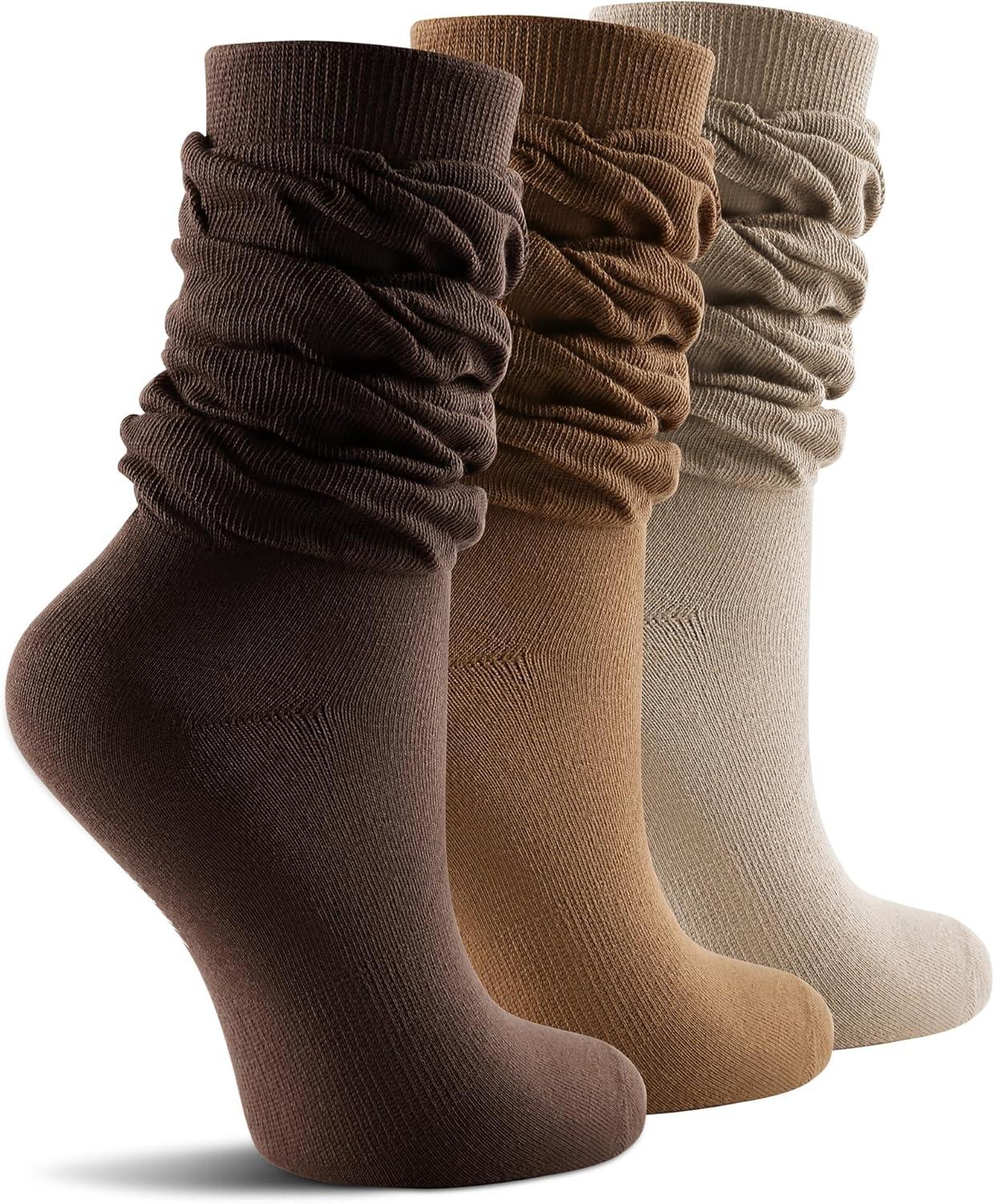 image:imageFITRELL Slouch Crew Socks for Women Presewn Slouch Look Soft Cotton Mid Calf Retro Cute Socks 3 Pairs Cant StraightenKhakilight Browndark Brown