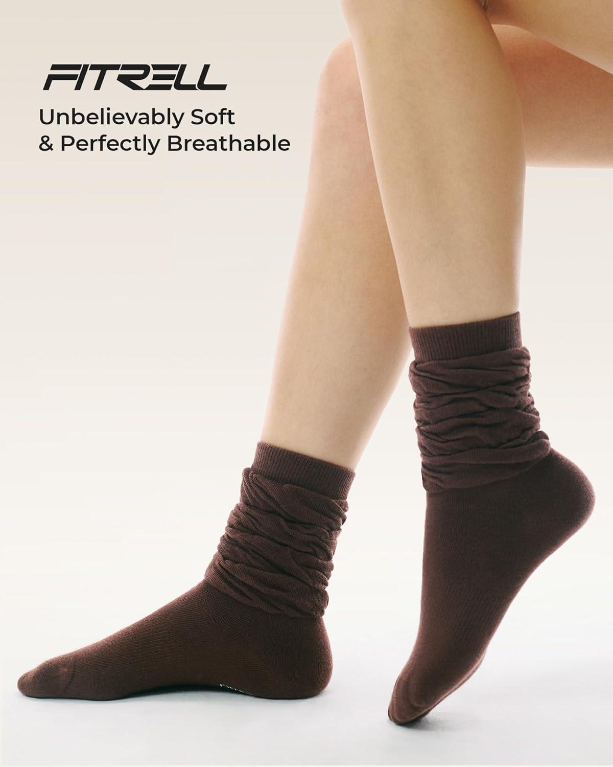 image:imageFITRELL Slouch Crew Socks for Women Presewn Slouch Look Soft Cotton Mid Calf Retro Cute Socks 3 Pairs Cant StraightenKhakilight Browndark Brown