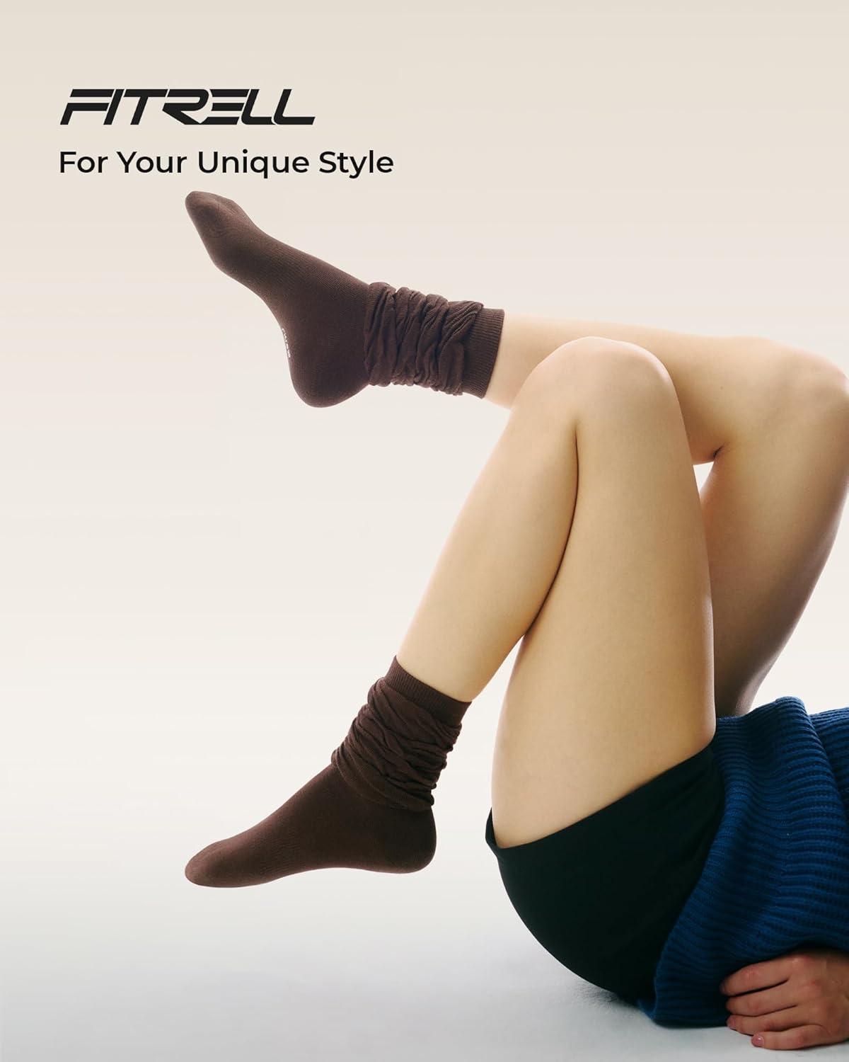 image:imageFITRELL Slouch Crew Socks for Women Presewn Slouch Look Soft Cotton Mid Calf Retro Cute Socks 3 Pairs Cant StraightenKhakilight Browndark Brown
