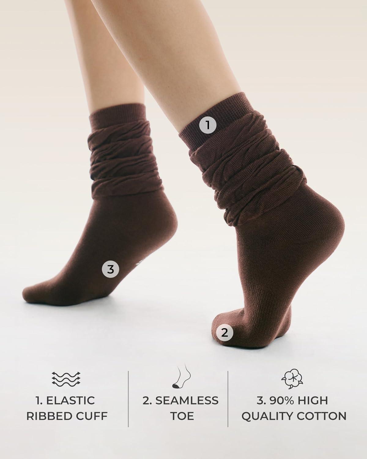 image:imageFITRELL Slouch Crew Socks for Women Presewn Slouch Look Soft Cotton Mid Calf Retro Cute Socks 3 Pairs Cant StraightenKhakilight Browndark Brown