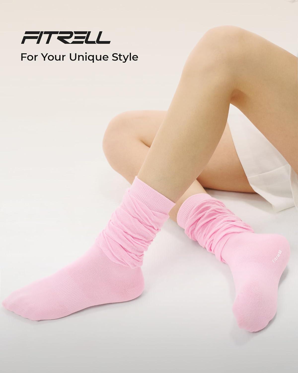 image:imageFITRELL Slouch Crew Socks for Women Presewn Slouch Look Soft Cotton Mid Calf Retro Cute Socks 3 Pairs Cant StraightenLight Pinklight Blueteal