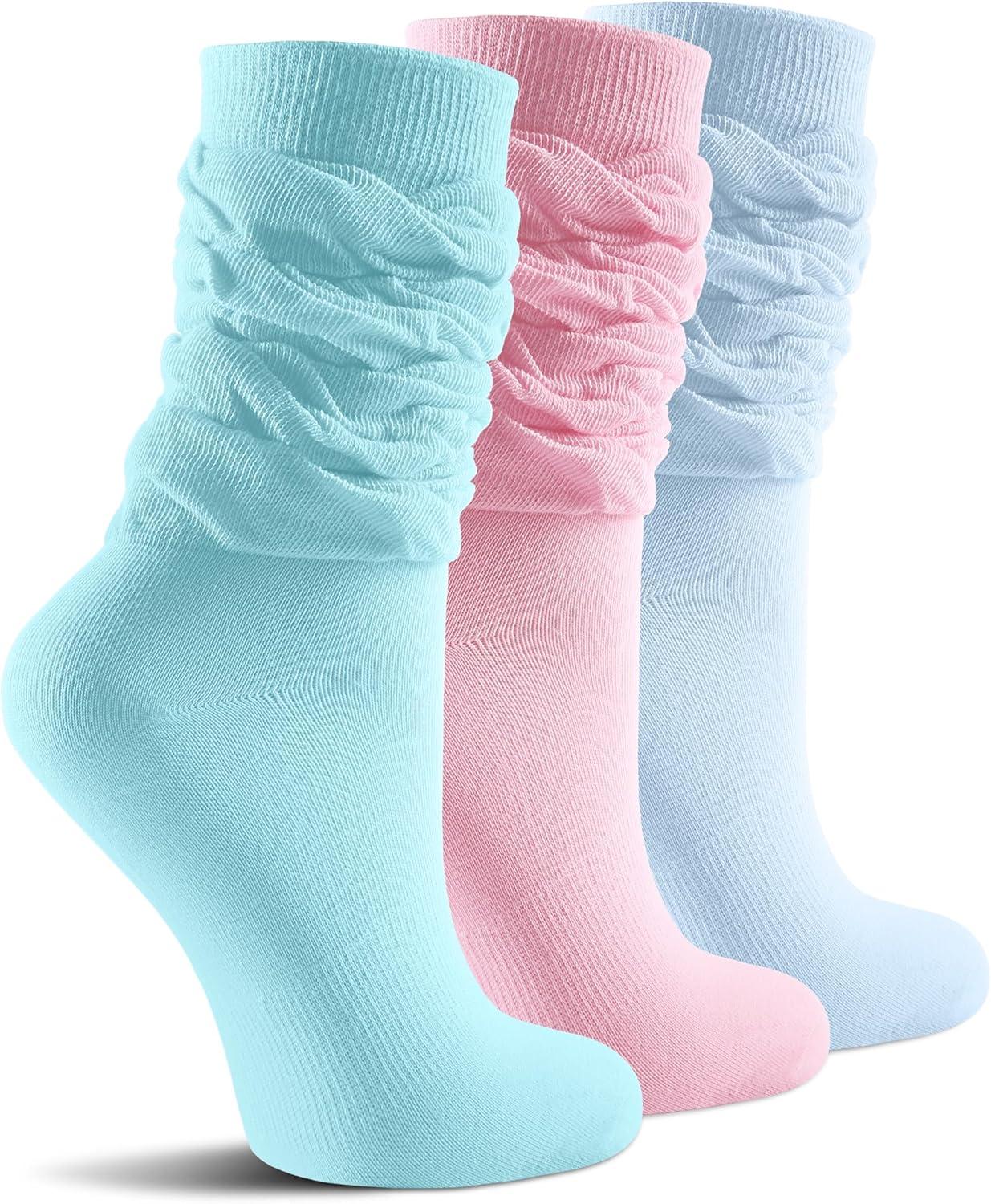 image:imageFITRELL Slouch Crew Socks for Women Presewn Slouch Look Soft Cotton Mid Calf Retro Cute Socks 3 Pairs Cant StraightenLight Pinklight Blueteal