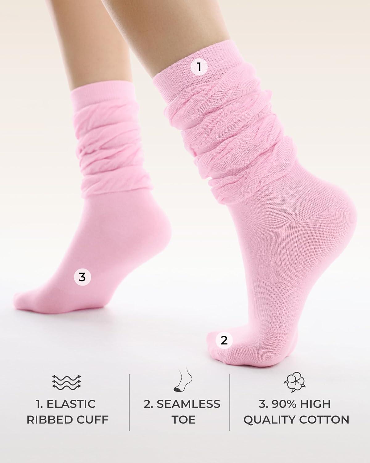 image:imageFITRELL Slouch Crew Socks for Women Presewn Slouch Look Soft Cotton Mid Calf Retro Cute Socks 3 Pairs Cant StraightenLight Pinklight Blueteal