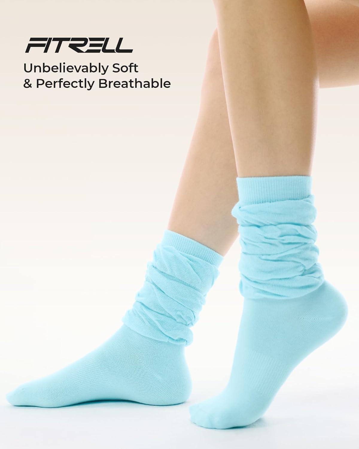 image:imageFITRELL Slouch Crew Socks for Women Presewn Slouch Look Soft Cotton Mid Calf Retro Cute Socks 3 Pairs Cant StraightenLight Pinklight Blueteal