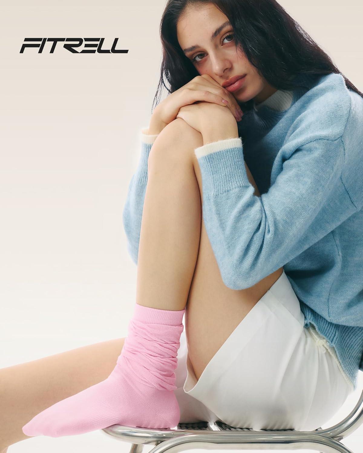 image:imageFITRELL Slouch Crew Socks for Women Presewn Slouch Look Soft Cotton Mid Calf Retro Cute Socks 3 Pairs Cant StraightenLight Pinklight Blueteal