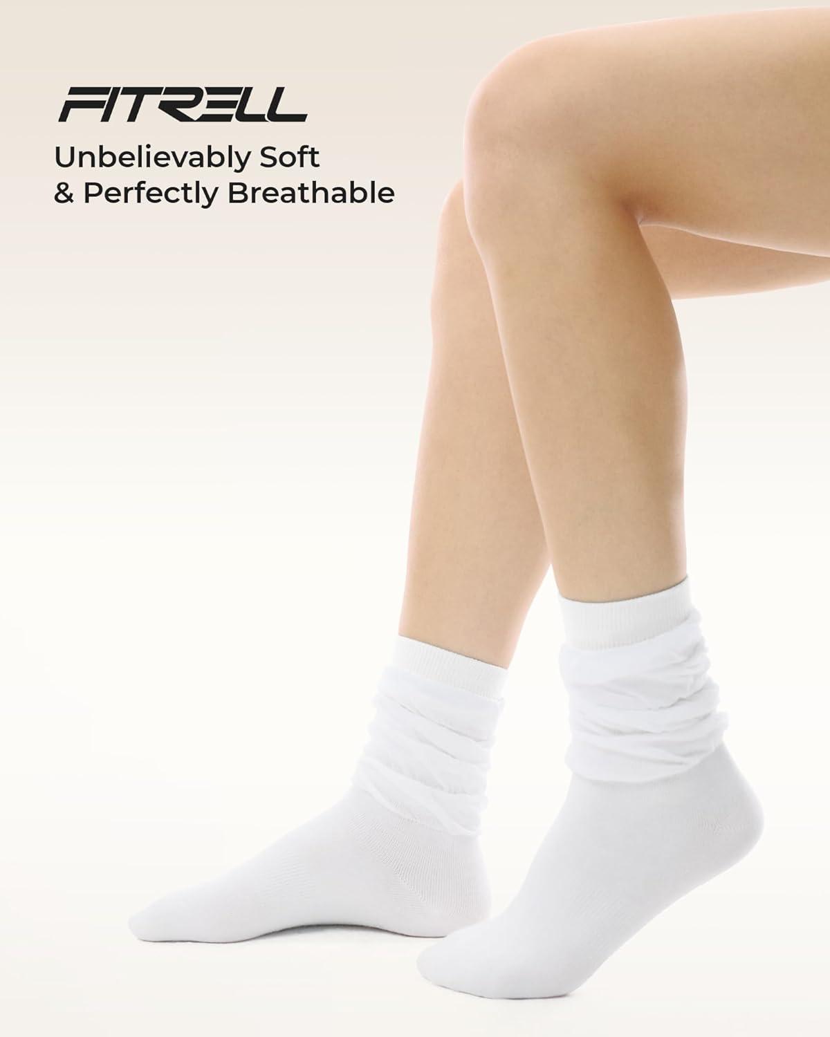 image:imageFITRELL Slouch Crew Socks for Women Presewn Slouch Look Soft Cotton Mid Calf Retro Cute Socks 3 Pairs Cant StraightenWhite
