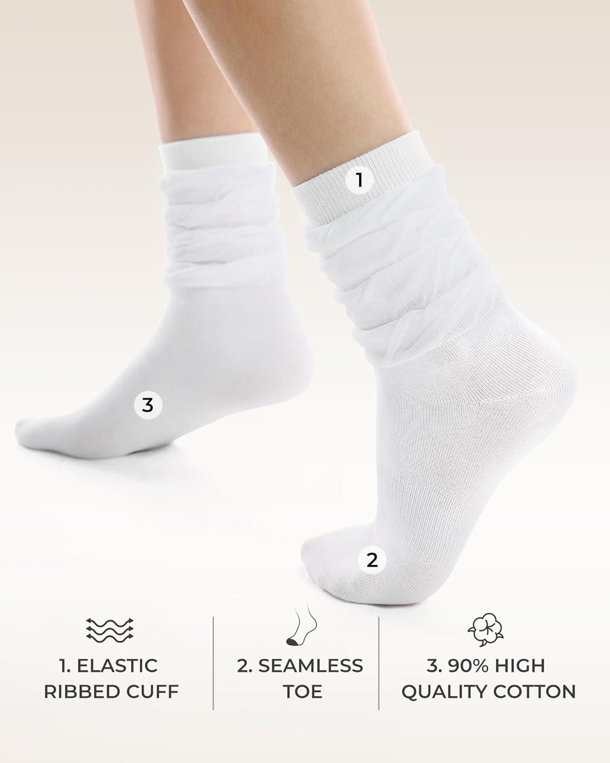 image:imageFITRELL Slouch Crew Socks for Women Presewn Slouch Look Soft Cotton Mid Calf Retro Cute Socks 3 Pairs Cant StraightenWhite