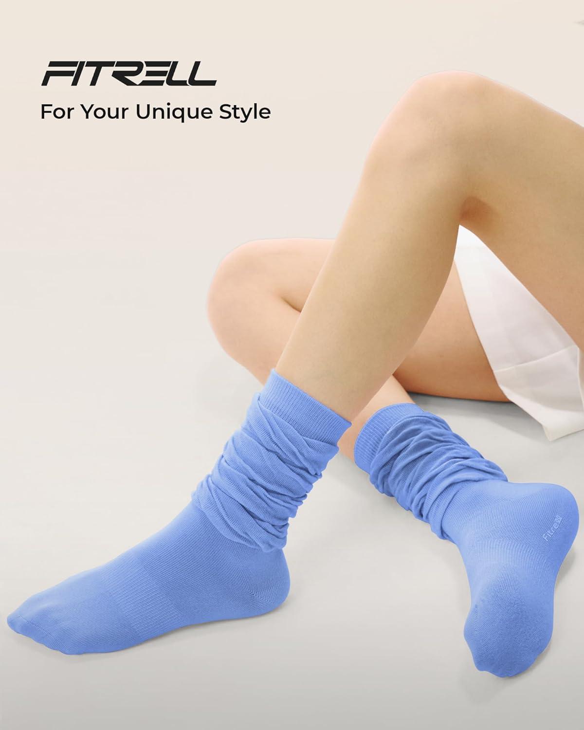image:imageFITRELL Slouch Crew Socks for Women Presewn Slouch Look Soft Cotton Mid Calf Retro Cute Socks 3 Pairs Cant StraightenWhite Greynavyroyal Blue