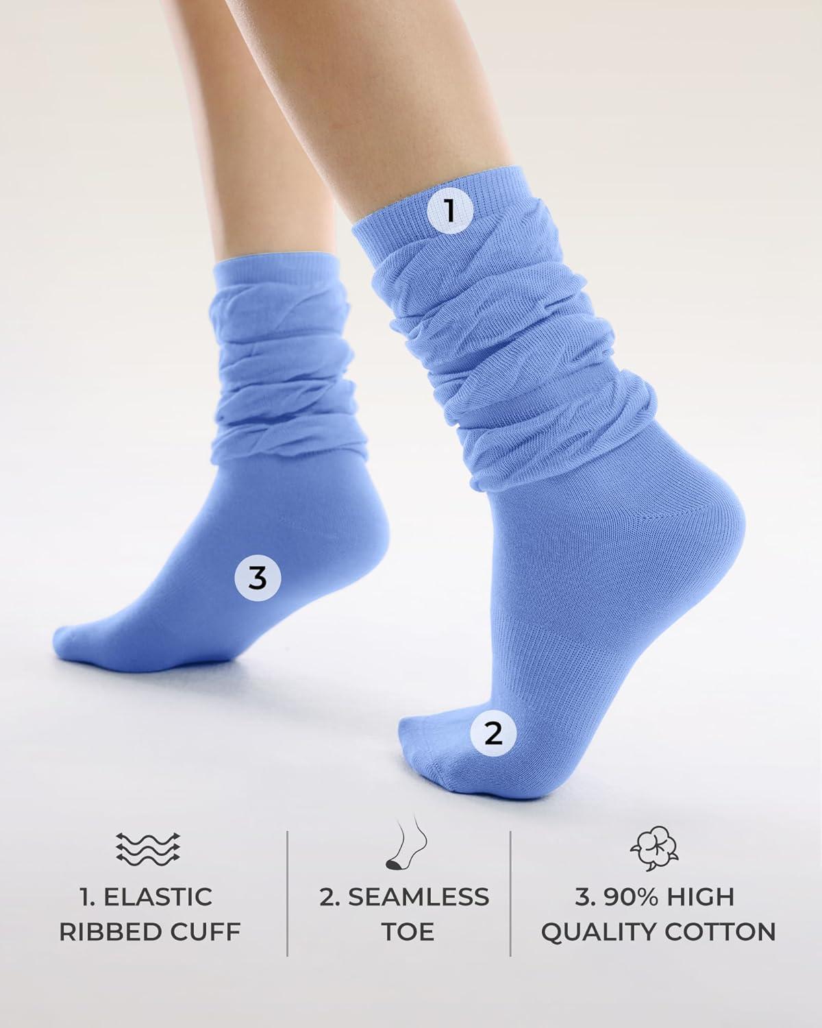 image:imageFITRELL Slouch Crew Socks for Women Presewn Slouch Look Soft Cotton Mid Calf Retro Cute Socks 3 Pairs Cant StraightenWhite Greynavyroyal Blue