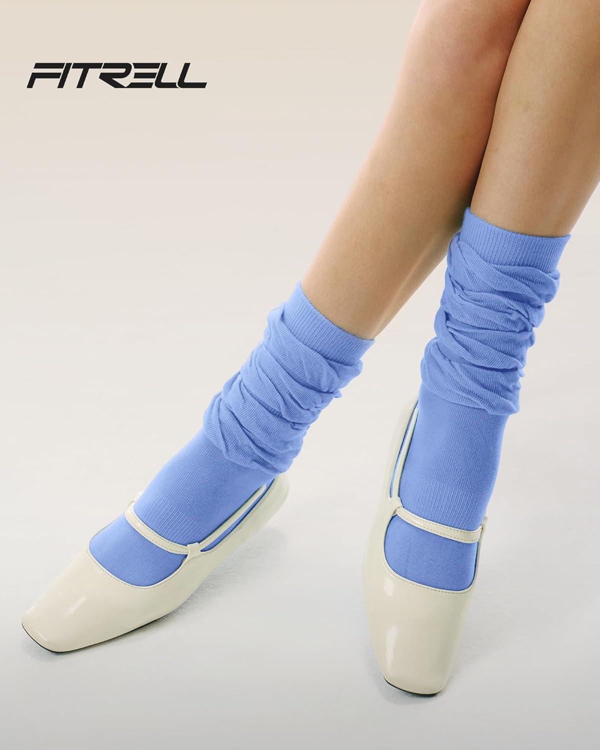image:imageFITRELL Slouch Crew Socks for Women Presewn Slouch Look Soft Cotton Mid Calf Retro Cute Socks 3 Pairs Cant StraightenWhite Greynavyroyal Blue