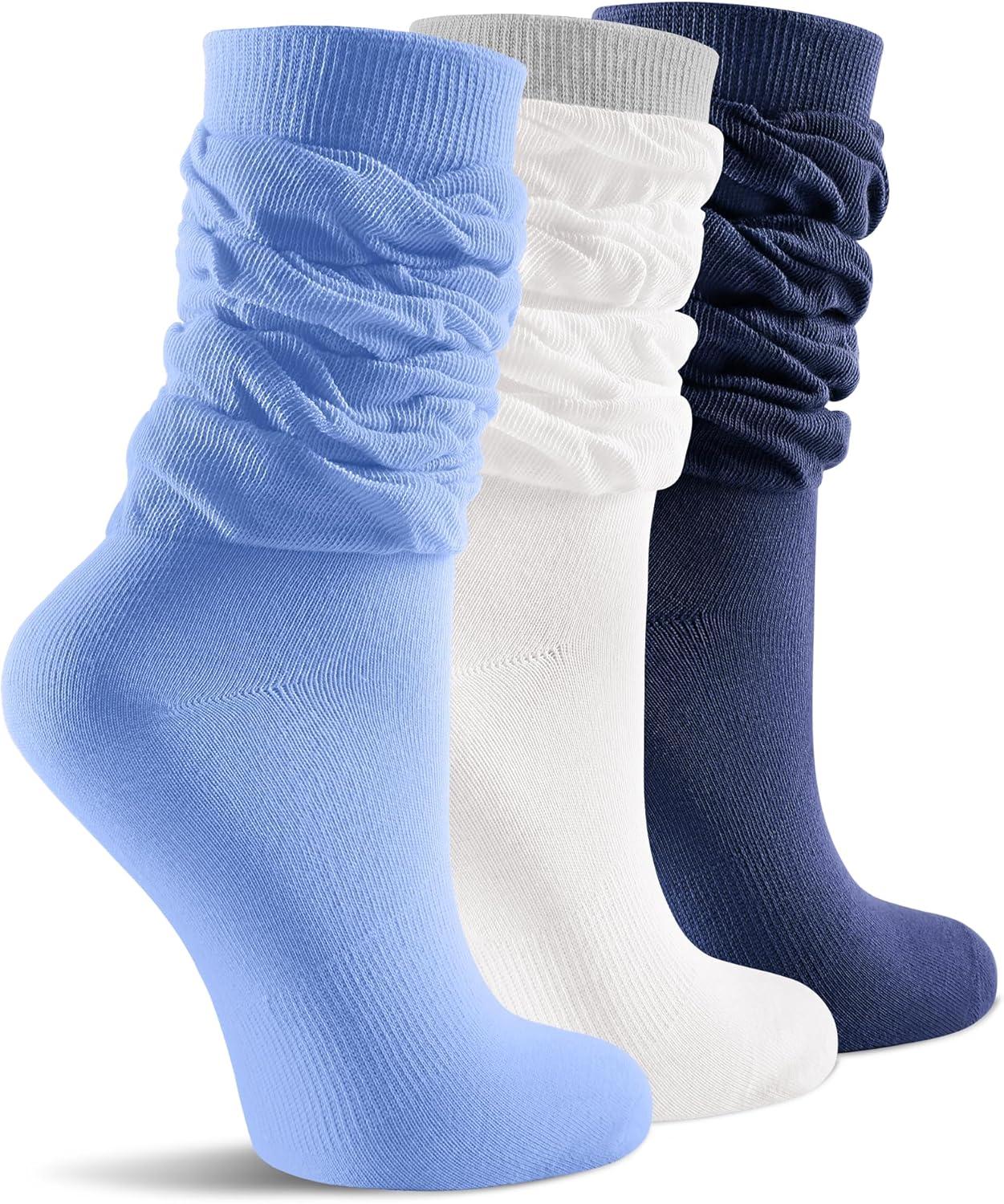 image:imageFITRELL Slouch Crew Socks for Women Presewn Slouch Look Soft Cotton Mid Calf Retro Cute Socks 3 Pairs Cant StraightenWhite Greynavyroyal Blue
