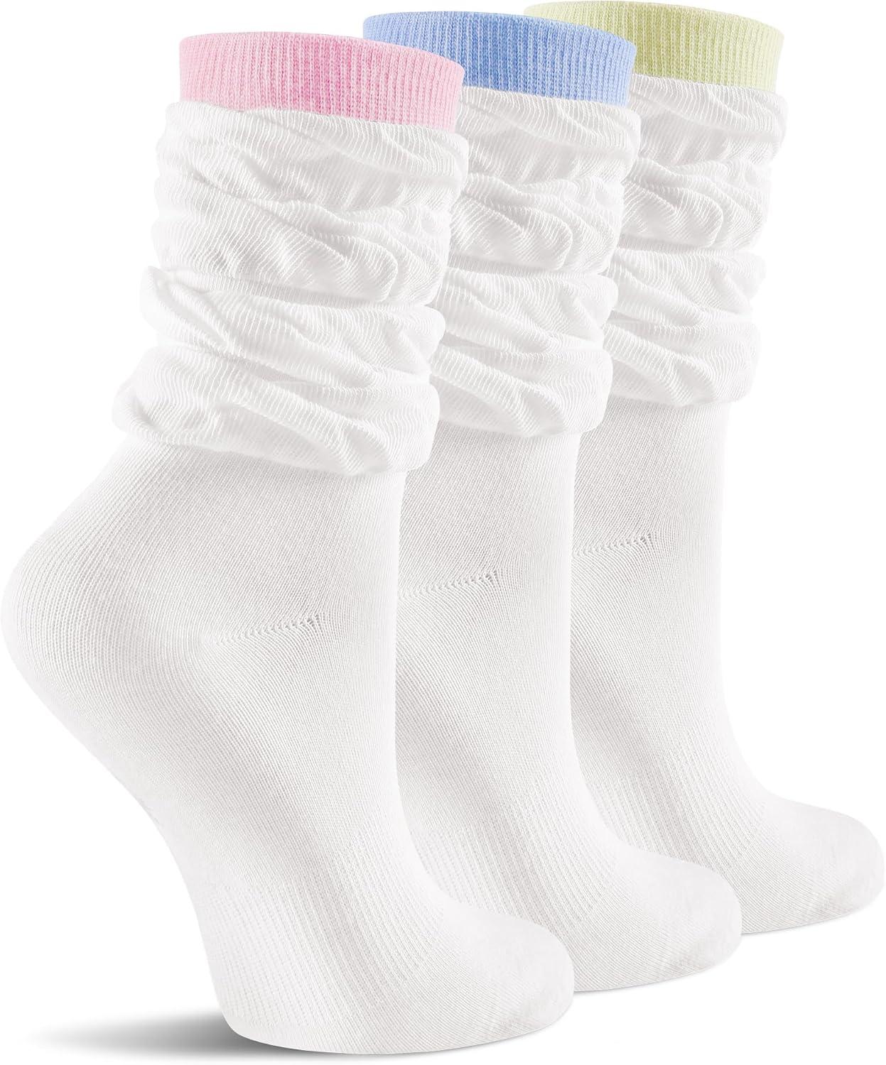 image:imageFITRELL Slouch Crew Socks for Women Presewn Slouch Look Soft Cotton Mid Calf Retro Cute Socks 3 Pairs Cant StraightenWhite Pinkwhite Bluewhite Green
