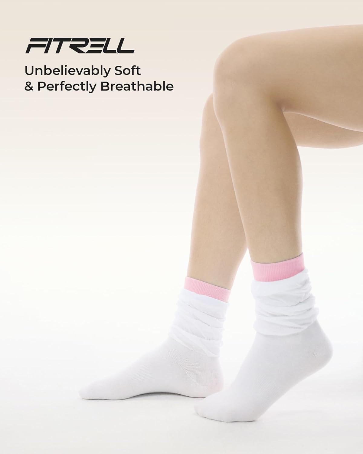 image:imageFITRELL Slouch Crew Socks for Women Presewn Slouch Look Soft Cotton Mid Calf Retro Cute Socks 3 Pairs Cant StraightenWhite Pinkwhite Bluewhite Green