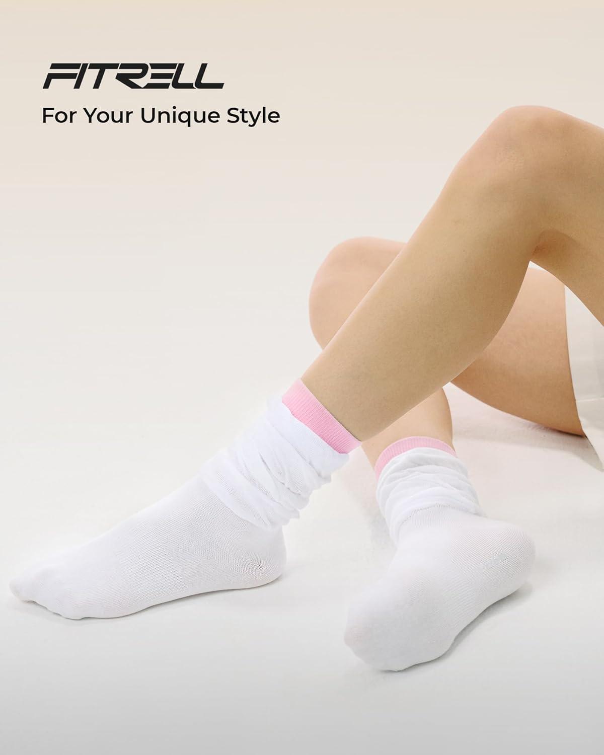 image:imageFITRELL Slouch Crew Socks for Women Presewn Slouch Look Soft Cotton Mid Calf Retro Cute Socks 3 Pairs Cant StraightenWhite Pinkwhite Bluewhite Green