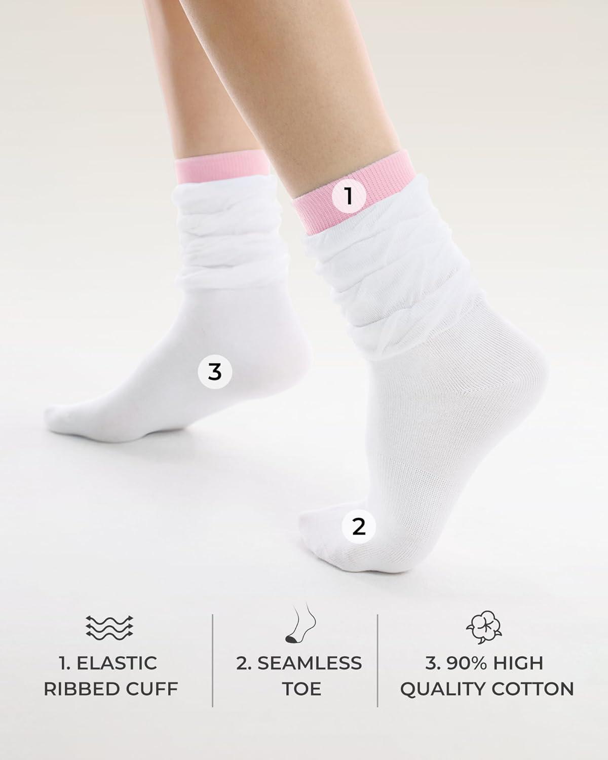 image:imageFITRELL Slouch Crew Socks for Women Presewn Slouch Look Soft Cotton Mid Calf Retro Cute Socks 3 Pairs Cant StraightenWhite Pinkwhite Bluewhite Green