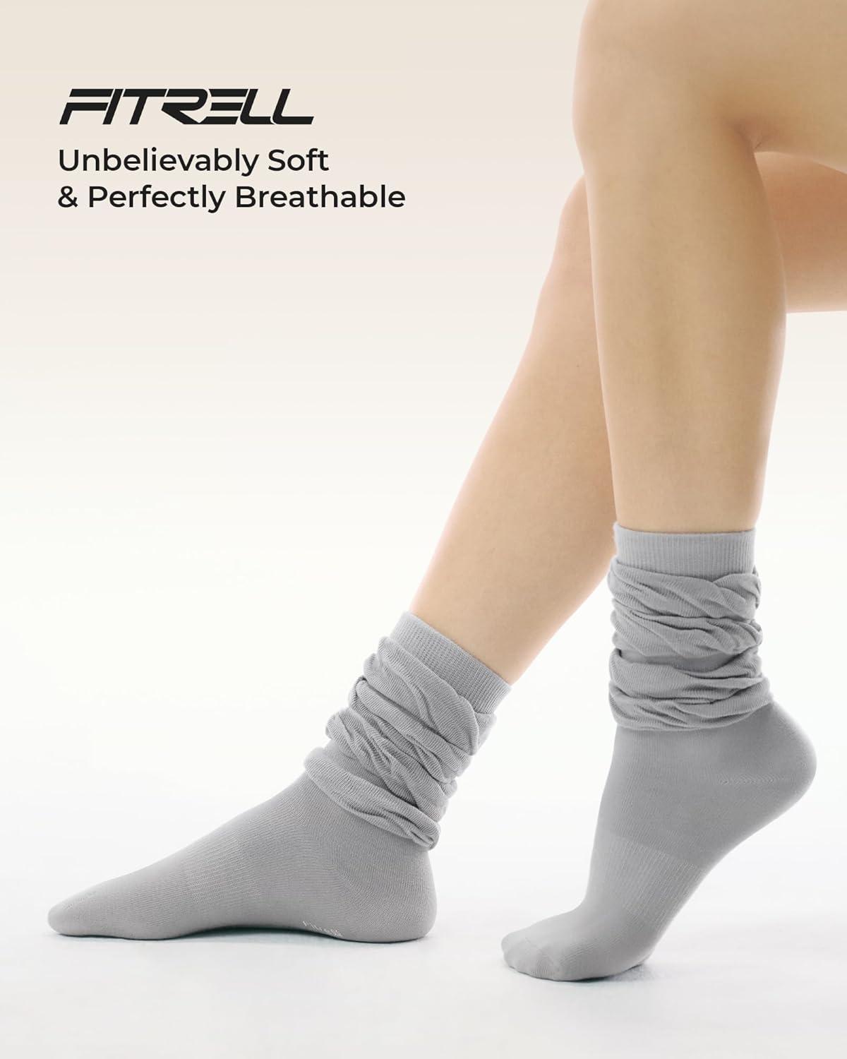 image:imageFITRELL Slouch Crew Socks for Women Presewn Slouch Look Soft Cotton Mid Calf Retro Cute Socks 3 Pairs Cant StraightenWhitegreyblack