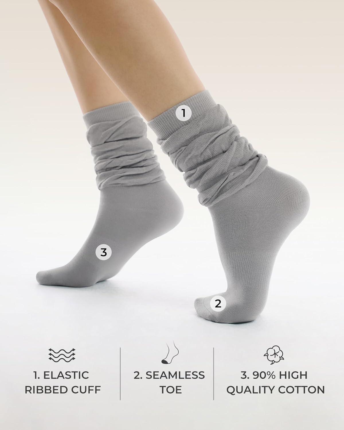 image:imageFITRELL Slouch Crew Socks for Women Presewn Slouch Look Soft Cotton Mid Calf Retro Cute Socks 3 Pairs Cant StraightenWhitegreyblack