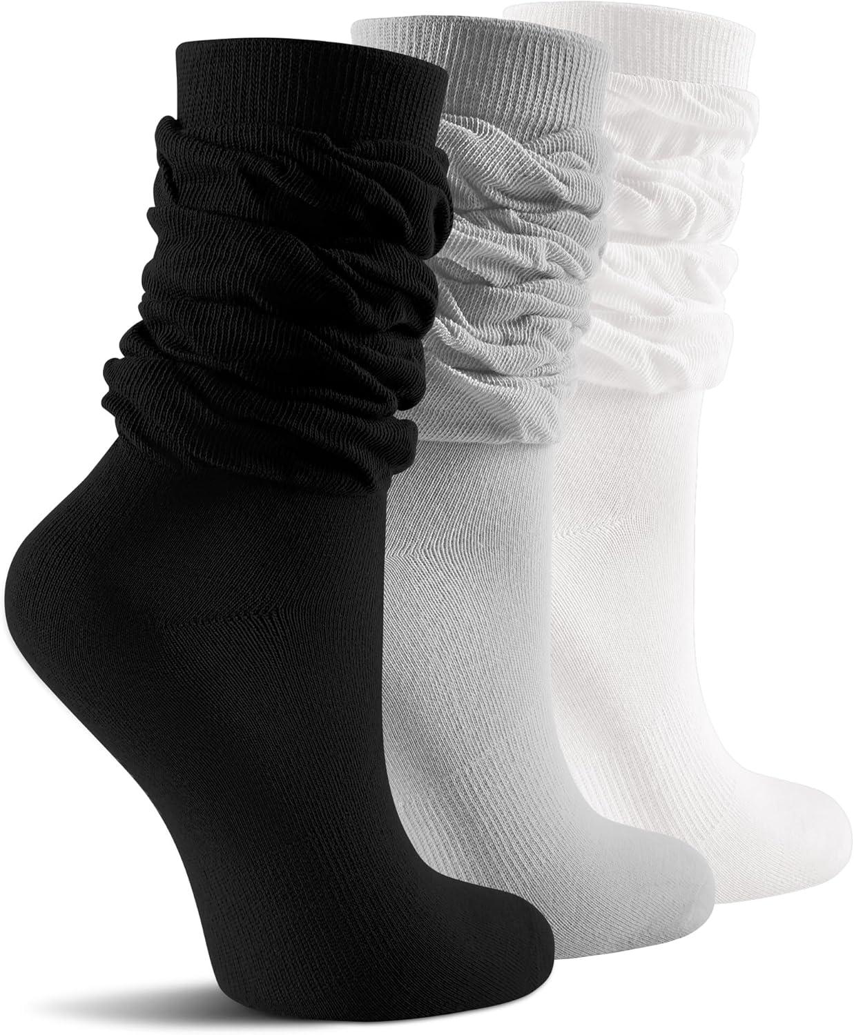 image:imageFITRELL Slouch Crew Socks for Women Presewn Slouch Look Soft Cotton Mid Calf Retro Cute Socks 3 Pairs Cant StraightenWhitegreyblack