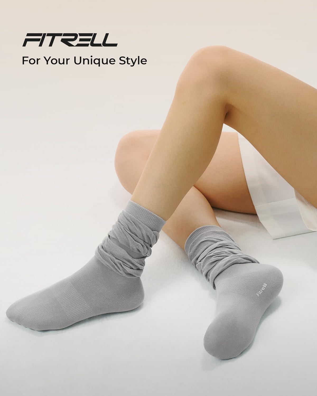 image:imageFITRELL Slouch Crew Socks for Women Presewn Slouch Look Soft Cotton Mid Calf Retro Cute Socks 3 Pairs Cant StraightenWhitegreyblack
