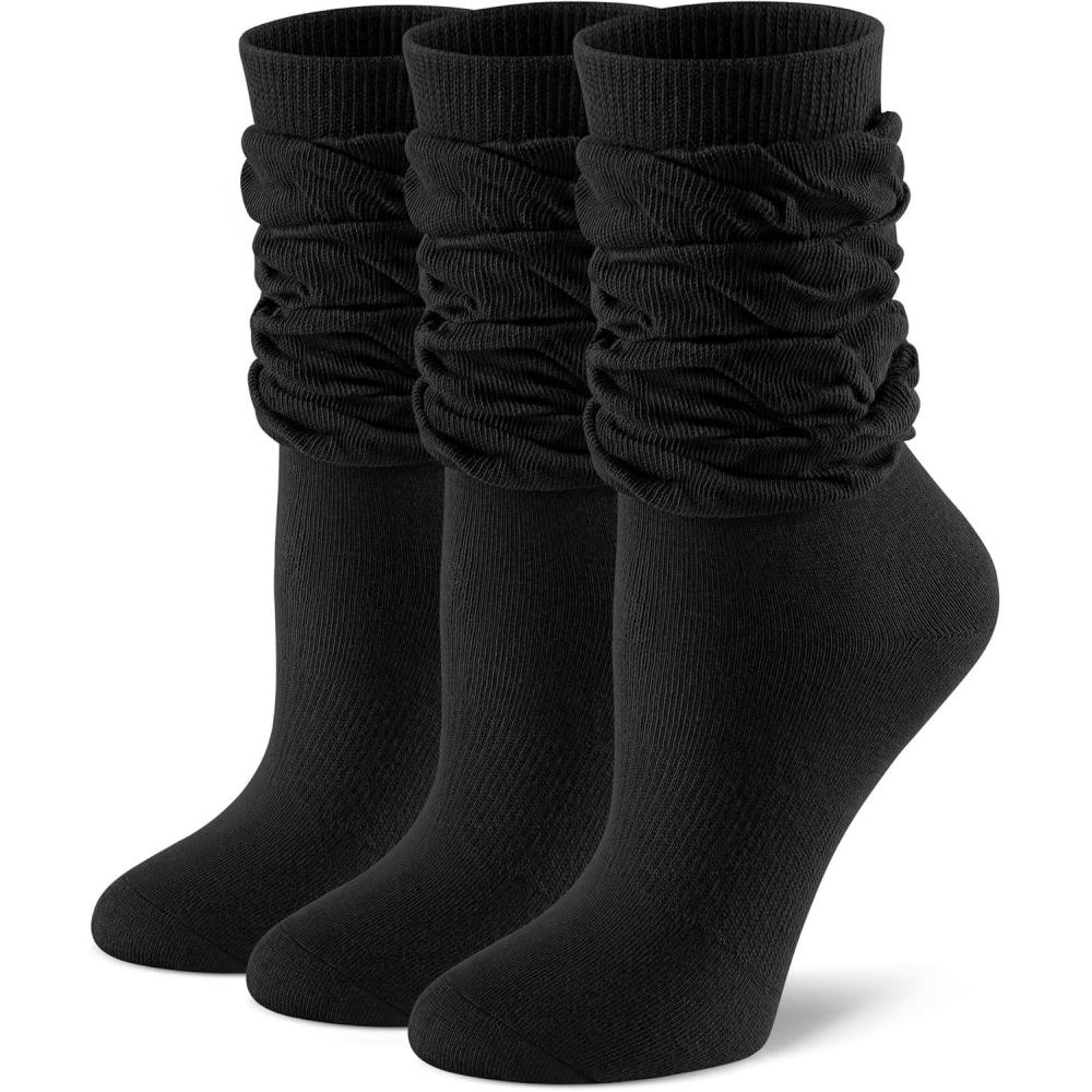 image:imageFITRELL Slouch Crew Socks for Women Presewn Slouch Look Soft Cotton Mid Calf Retro Cute Socks 3 Pairs Cant StraightenBlack