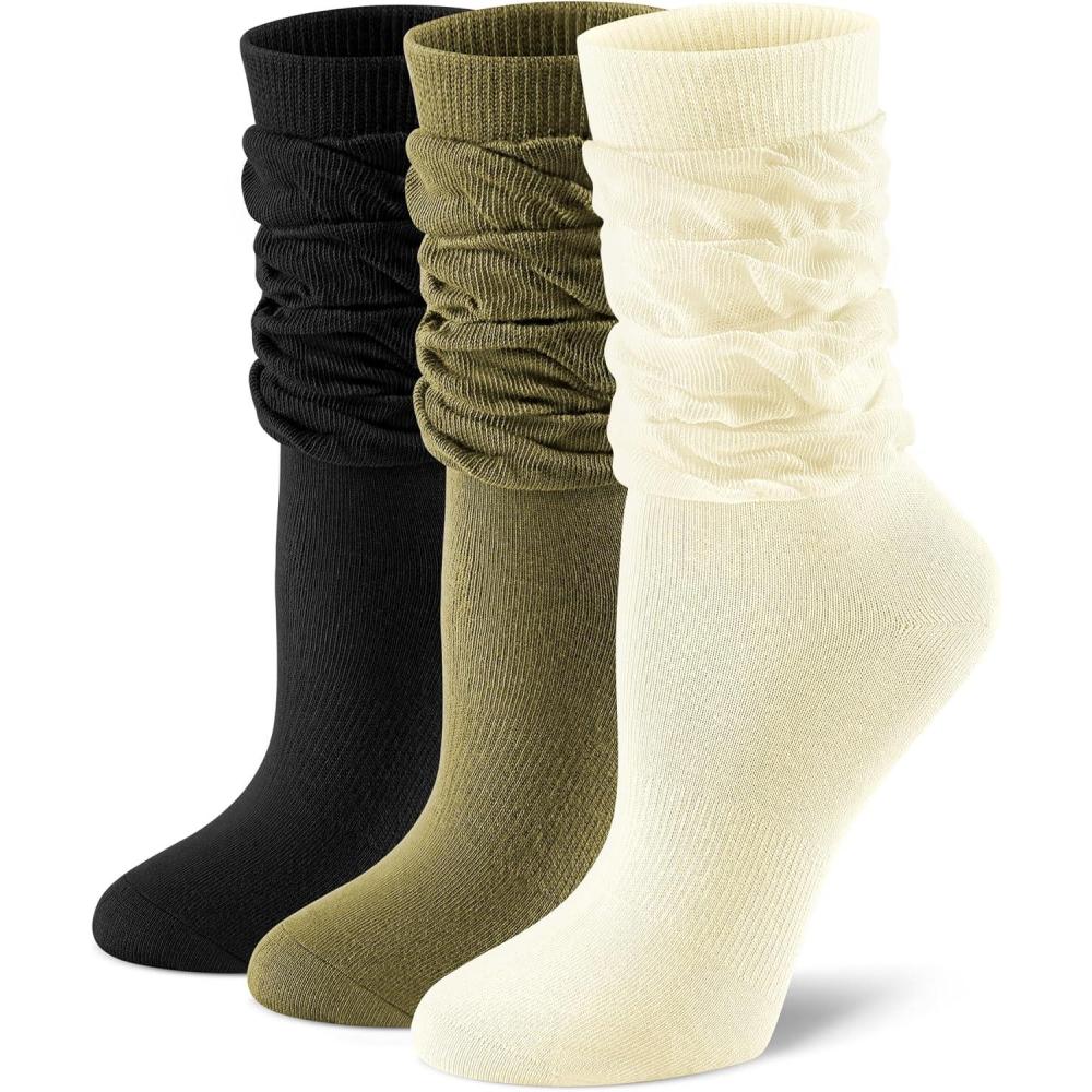 image:imageFITRELL Slouch Crew Socks for Women Presewn Slouch Look Soft Cotton Mid Calf Retro Cute Socks 3 Pairs Cant StraightenBlackbeigeolive Green
