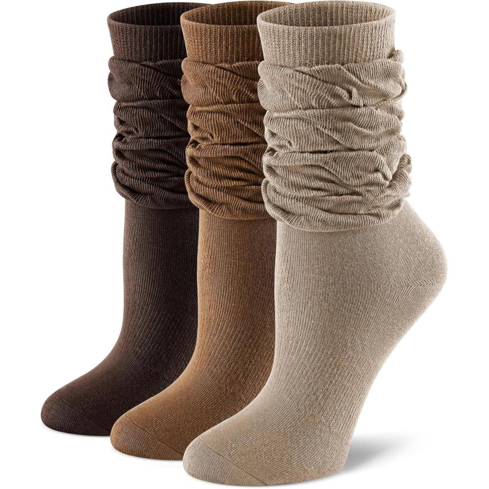 image:imageFITRELL Slouch Crew Socks for Women Presewn Slouch Look Soft Cotton Mid Calf Retro Cute Socks 3 Pairs Cant StraightenKhakilight Browndark Brown