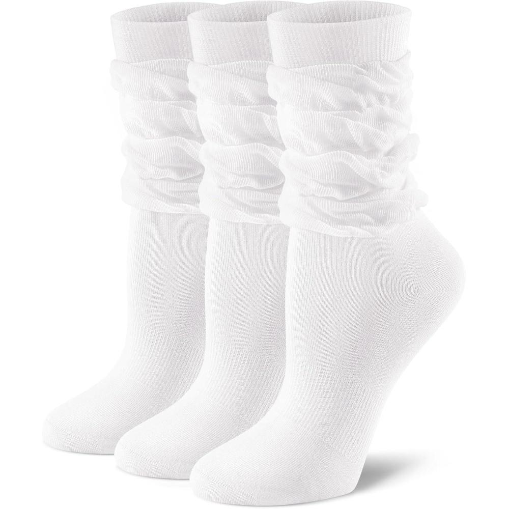 image:imageFITRELL Slouch Crew Socks for Women Presewn Slouch Look Soft Cotton Mid Calf Retro Cute Socks 3 Pairs Cant StraightenWhite
