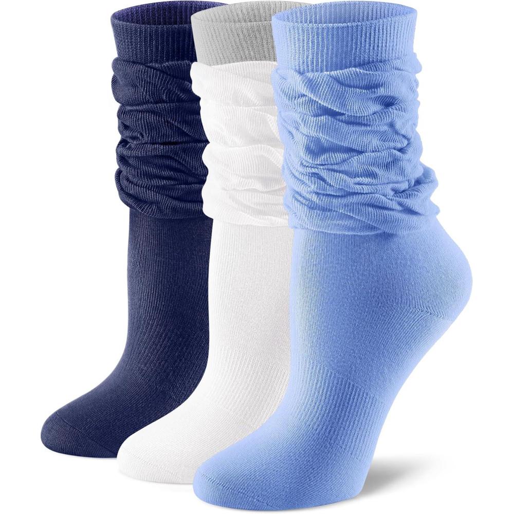 image:imageFITRELL Slouch Crew Socks for Women Presewn Slouch Look Soft Cotton Mid Calf Retro Cute Socks 3 Pairs Cant StraightenWhite Greynavyroyal Blue