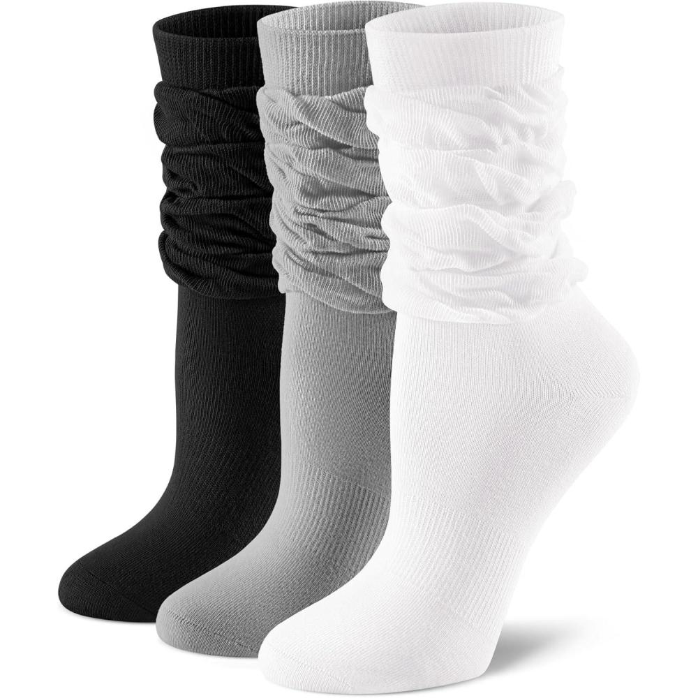 image:imageFITRELL Slouch Crew Socks for Women Presewn Slouch Look Soft Cotton Mid Calf Retro Cute Socks 3 Pairs Cant StraightenWhitegreyblack
