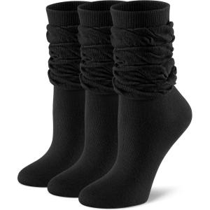 FITRELL Slouch Crew Socks for Women, Pre-sewn Slouch Look Soft Cotton Mid Calf Retro Cute Socks 3 Pairs (Can’t Straighten)(Black)