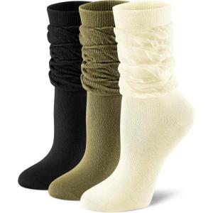FITRELL Slouch Crew Socks for Women, Pre-sewn Slouch Look Soft Cotton Mid Calf Retro Cute Socks 3 Pairs (Can’t Straighten)(Black+beige+olive Green)