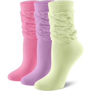 FITRELL Slouch Crew Socks for Women, Pre-sewn Slouch Look Soft Cotton Mid Calf Retro Cute Socks 3 Pairs (Can’t Straighten)(Hot Pink+purple+light Green)