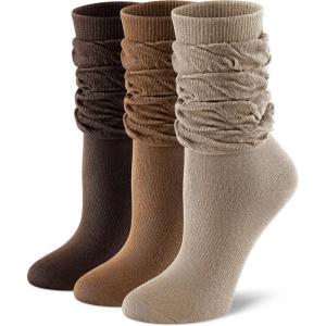 FITRELL Slouch Crew Socks for Women, Pre-sewn Slouch Look Soft Cotton Mid Calf Retro Cute Socks 3 Pairs (Can’t Straighten)(Khaki+light Brown+dark Brown)
