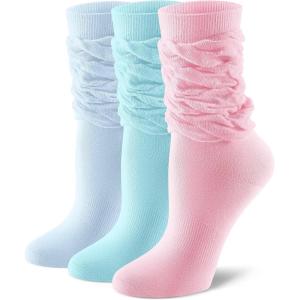 FITRELL Slouch Crew Socks for Women, Pre-sewn Slouch Look Soft Cotton Mid Calf Retro Cute Socks 3 Pairs (Can’t Straighten)(Light Pink+light Blue+teal)