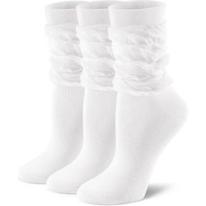 FITRELL Slouch Crew Socks for Women, Pre-sewn Slouch Look Soft Cotton Mid Calf Retro Cute Socks 3 Pairs (Can’t Straighten)(White)